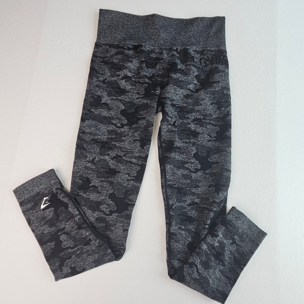 Gymshark Womens Camo High Waisted Leggings Black Grey Tights Waist 26 Size Small
